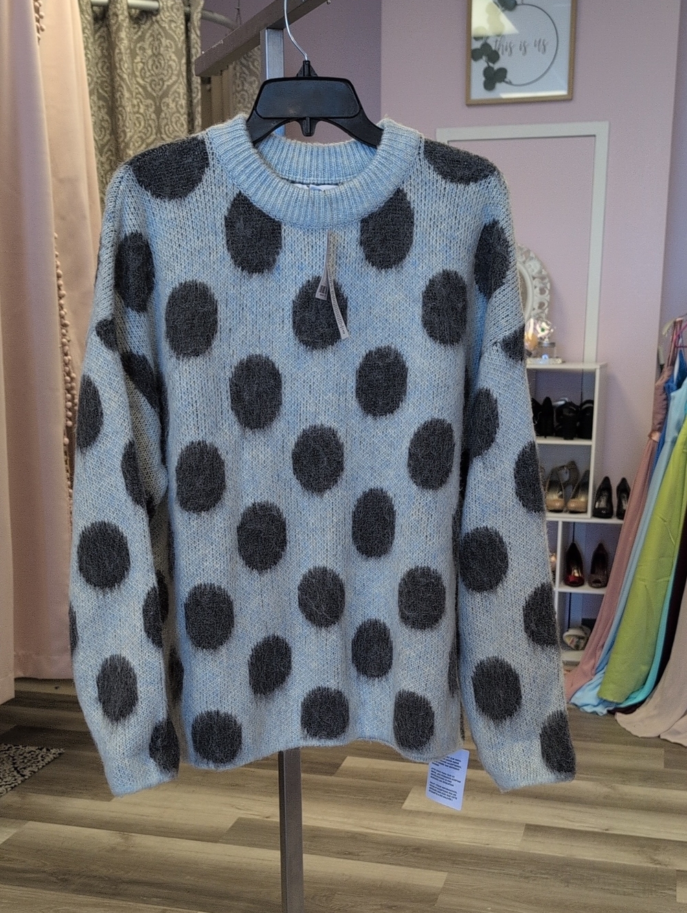 Topshop Pale Blue Crewneck Sweater with Charcoal Polka Dots